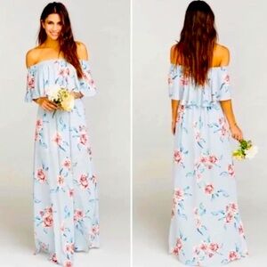 Show Me Your MuMu Hacienda Maxi Dress Blue Pink Off-Shoulder Sundress Wedding
